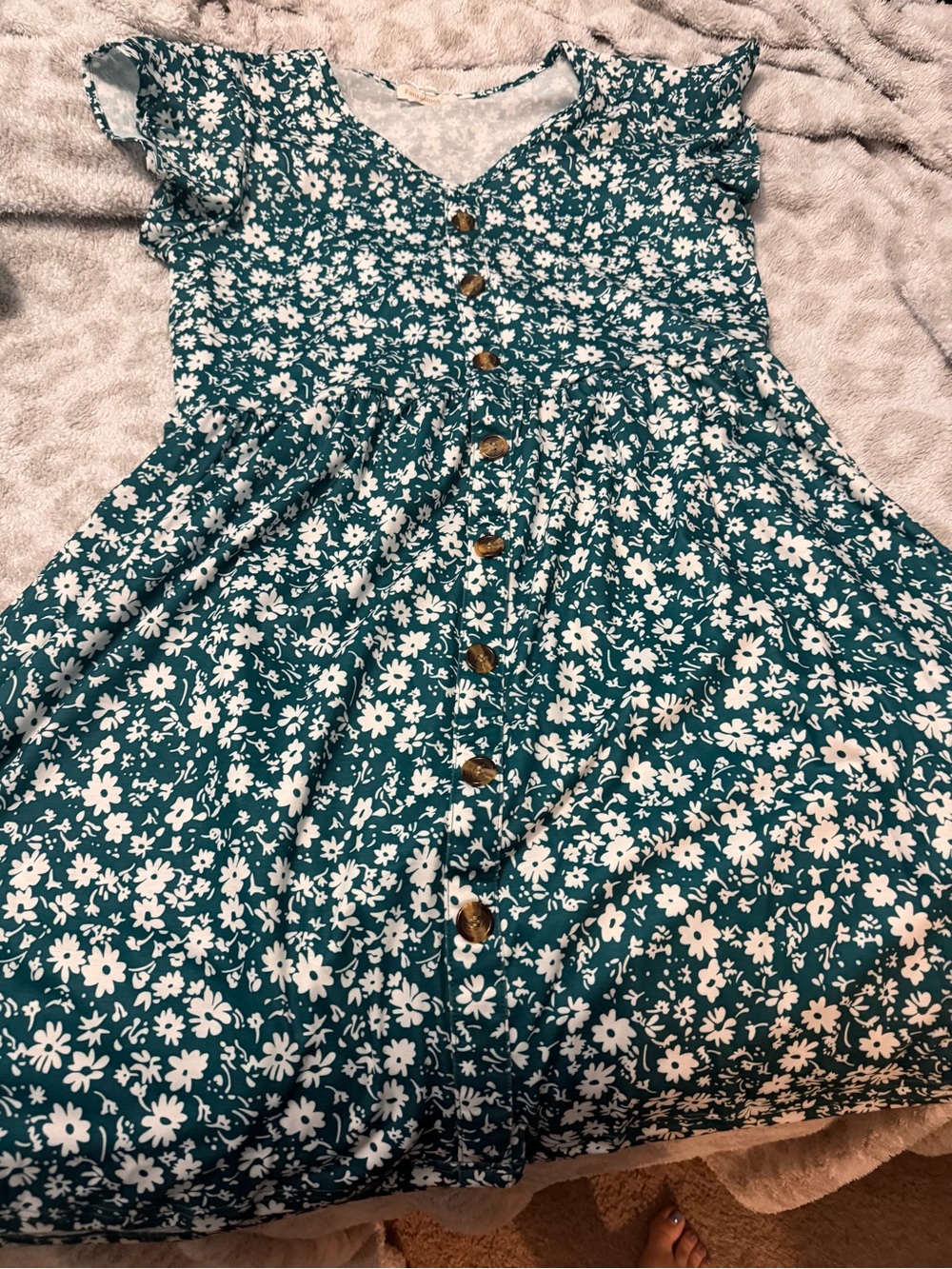 Womens Teal Floral Button-Front Casual Dress